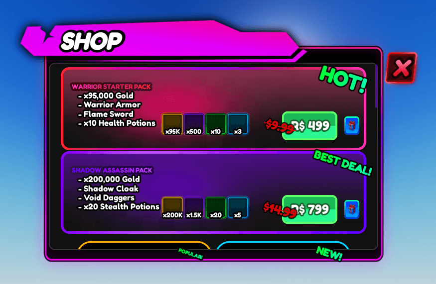 Bundle shop with hero and warrior packs with item previews